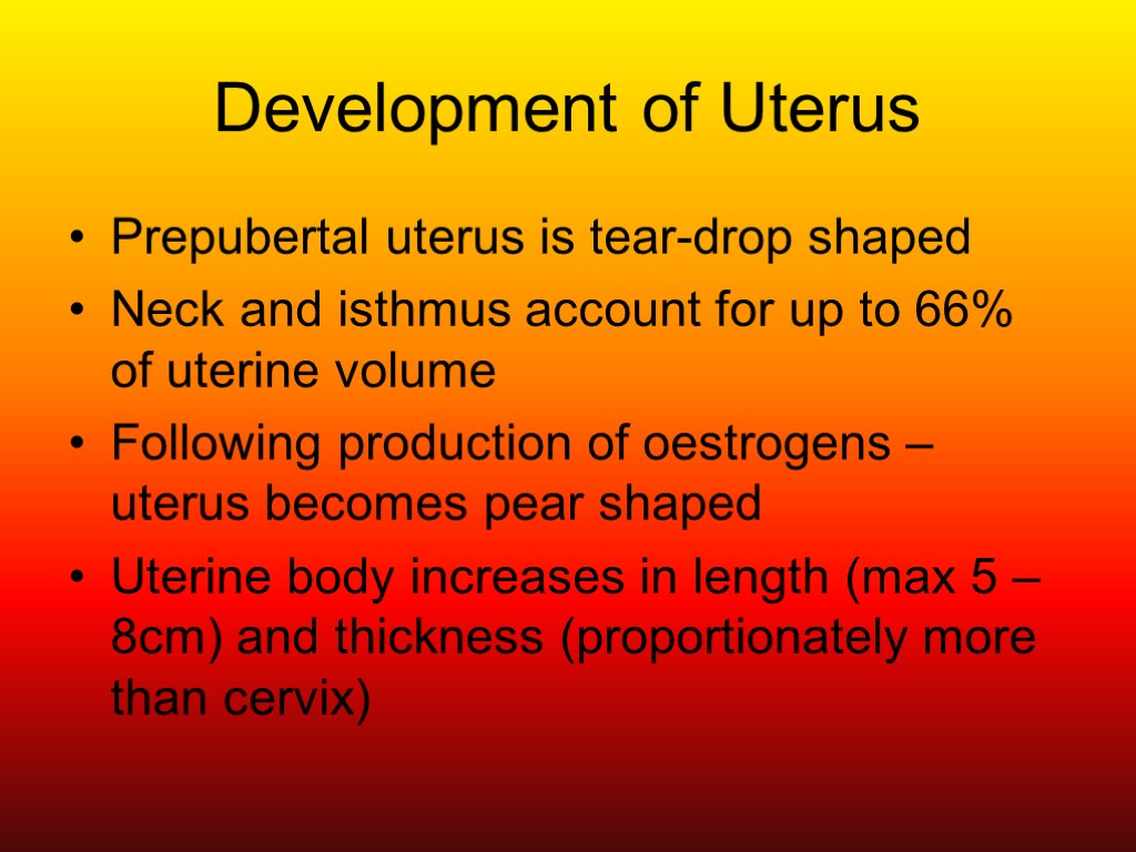 Development of Uterus Prepubertal uterus is tear-drop shaped Neck and isthmus account for up